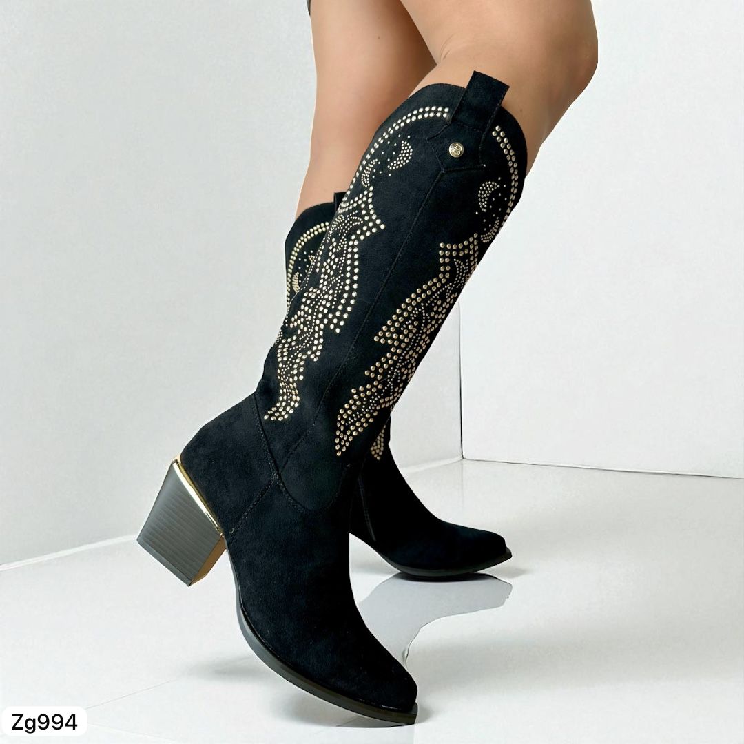 Bota texana negro apliques dorado tacon 6cm 1986-19 C-40